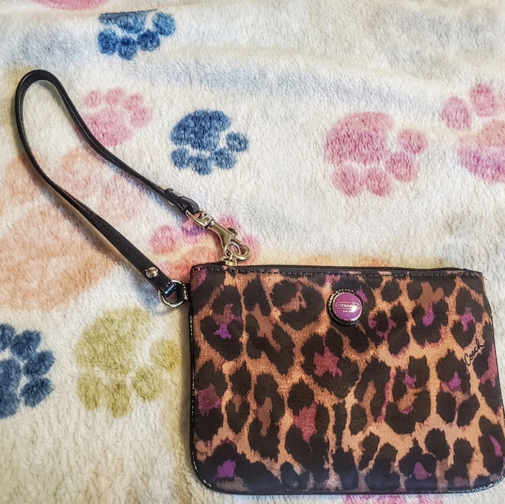 Coach Brown, Black, & Purple Cheetah Print Nylon Wristlet